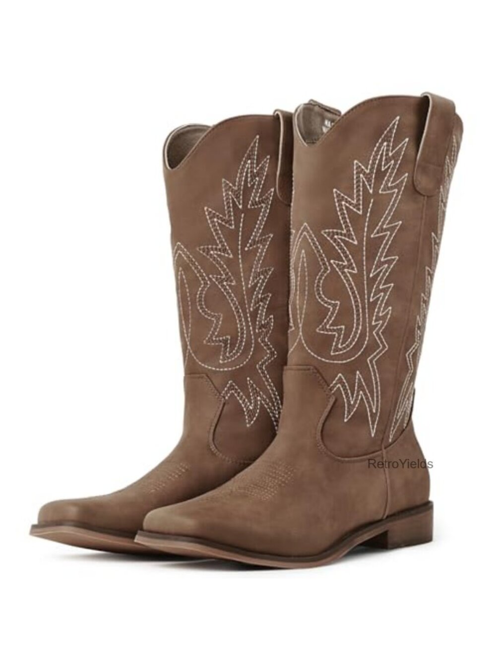 Faux Leather Western Cowboy Boots Square Toe Mid Calf Block Heel Pull On